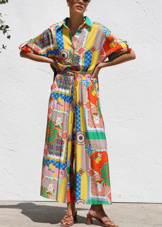 Piece Shirts Two Boho Print Short Set And Maxi Skirts Sleeve