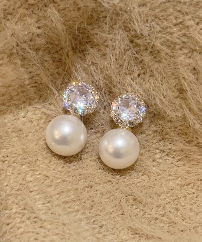 Boho Stud Pearl Earrings Zircon Alloy White