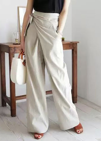 Asymmetrical Straight White Pants Waist Boho Side Linen Tie Fall