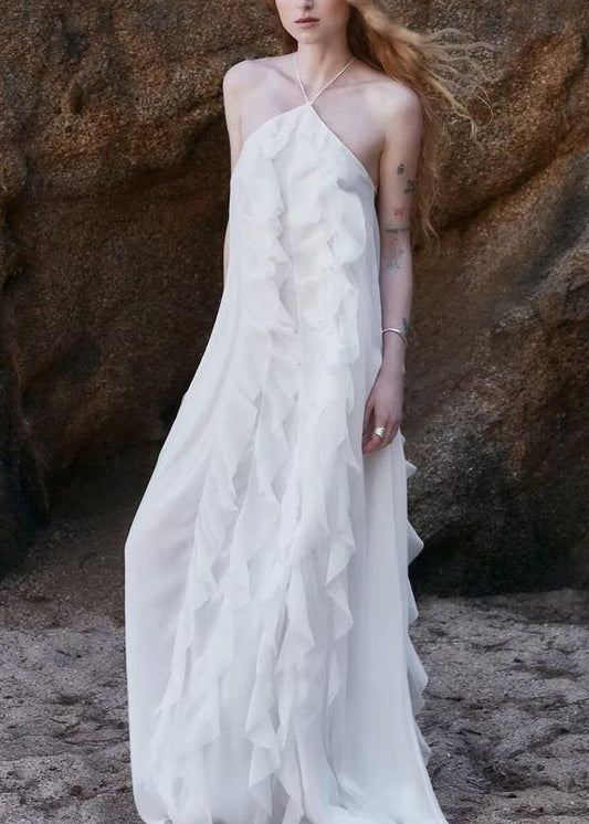 Ruffled Lace Up Chiffon White Maxi Dress Sleeveless Backless Boho
