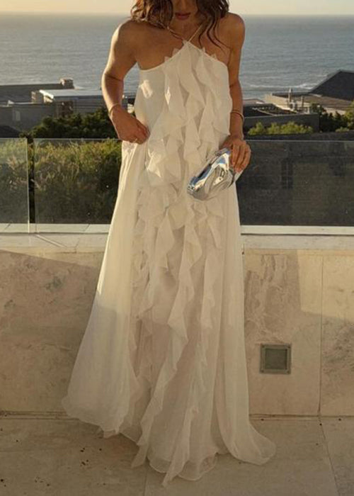 Ruffled Lace Up Chiffon White Maxi Dress Sleeveless Backless Boho
