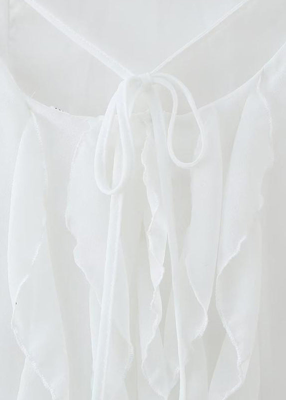 Ruffled Lace Up Chiffon White Maxi Dress Sleeveless Backless Boho