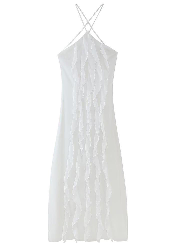 Ruffled Lace Up Chiffon White Maxi Dress Sleeveless Backless Boho