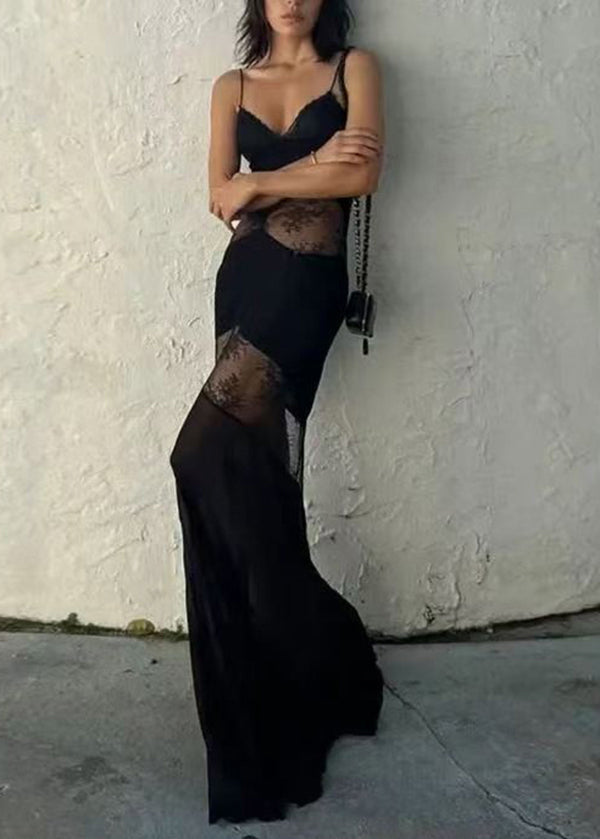 Silk Spaghetti Strap Dress Patchwork Black Summer Boutique Lace