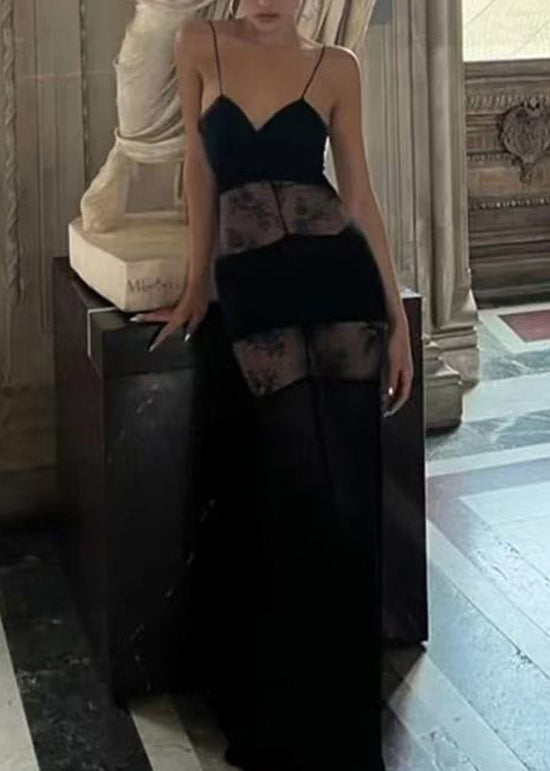 Silk Spaghetti Strap Dress Patchwork Black Summer Boutique Lace