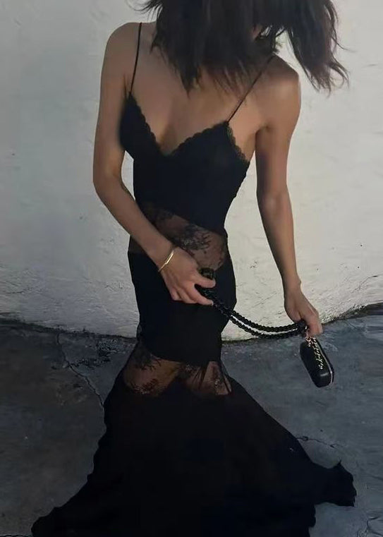 Silk Spaghetti Strap Dress Patchwork Black Summer Boutique Lace