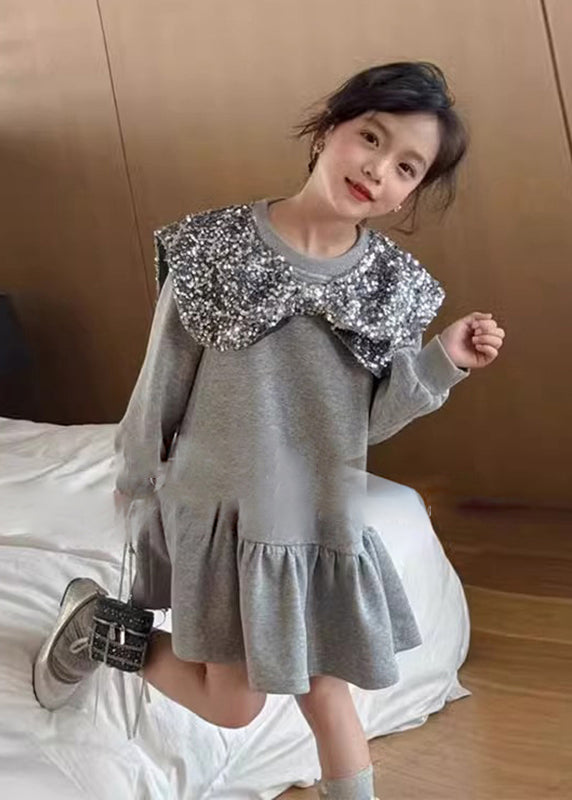 Boutique Grey Neck Sequins Girls Mid Dress Spring TV037