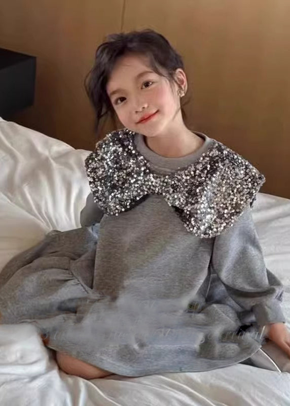 Boutique Grey Neck Sequins Girls Mid Dress Spring TV037