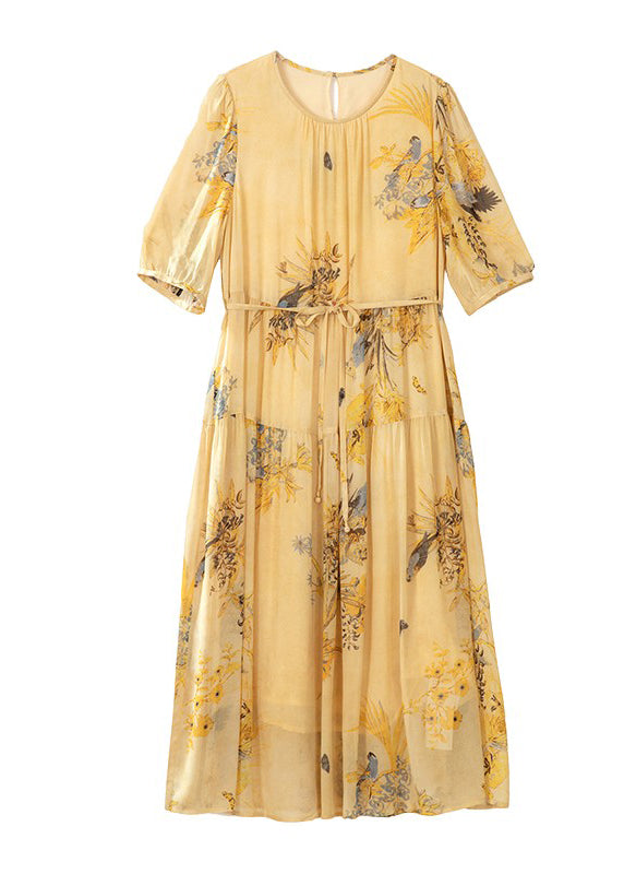 Wrinkled Summer Dress Yellow Up Silk O Neck Print Lace Boutique