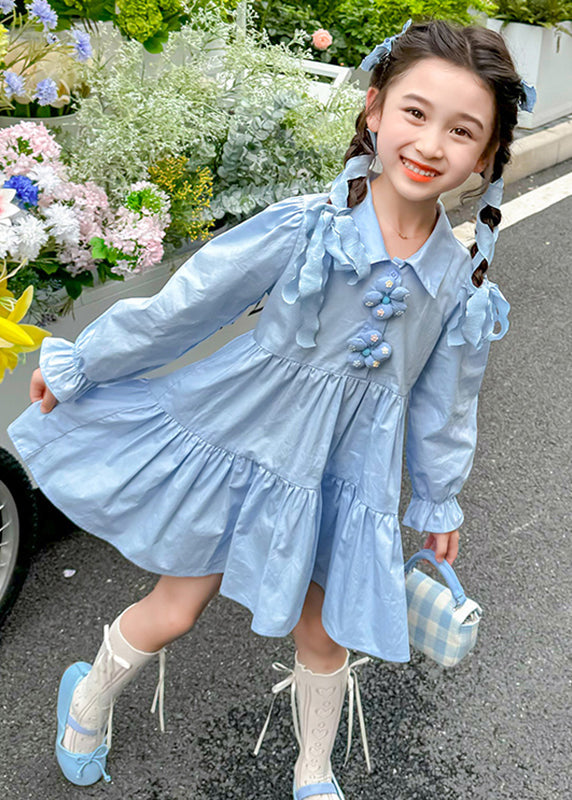 Brief Blue Peter Pan Collar Patchwork Floral Button Girls Maxi Dresses Long Sleeve YE030
