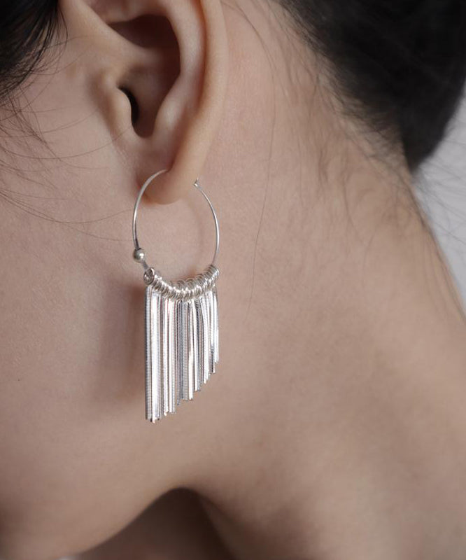 Silk Tassel 925 Earrings Silver Waterfall Brief Hoop