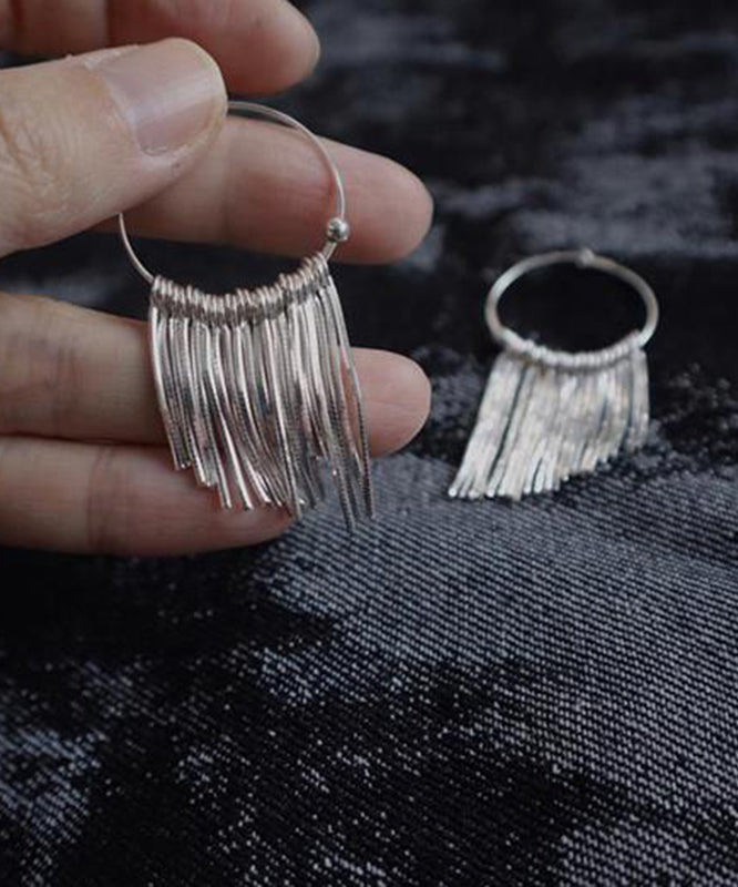 Silk Tassel 925 Earrings Silver Waterfall Brief Hoop