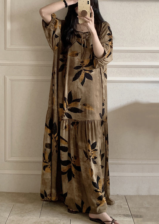 Cotton Pajamas Lace Summer Maxi Brown Up Prin Dress Neck O