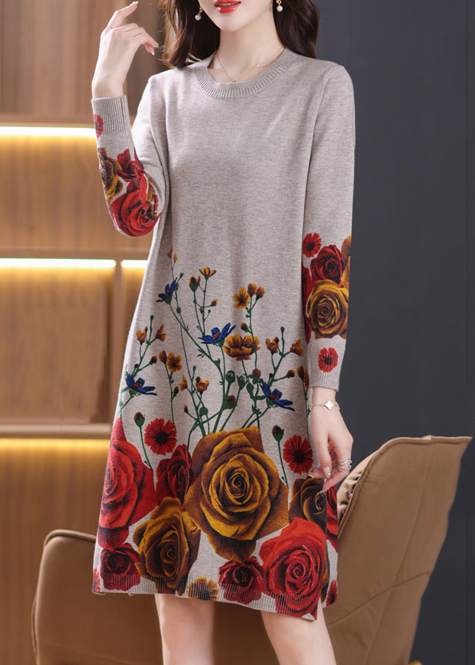 Camel Side Open Cozy Wool Knit Dress O-Neck Spring TB009