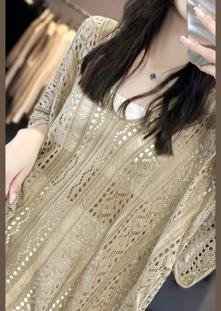 Hollow Open Summer Camel Side Knit V Shirts T Neck Out