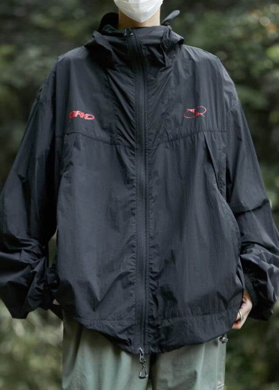 Men UPF Zippered Hooded Summer Print Casual Coat 50+ Black