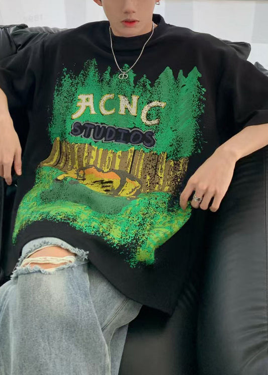 Casual Half Print Black Men's Cotton Shirts O-Neck T Sleeve