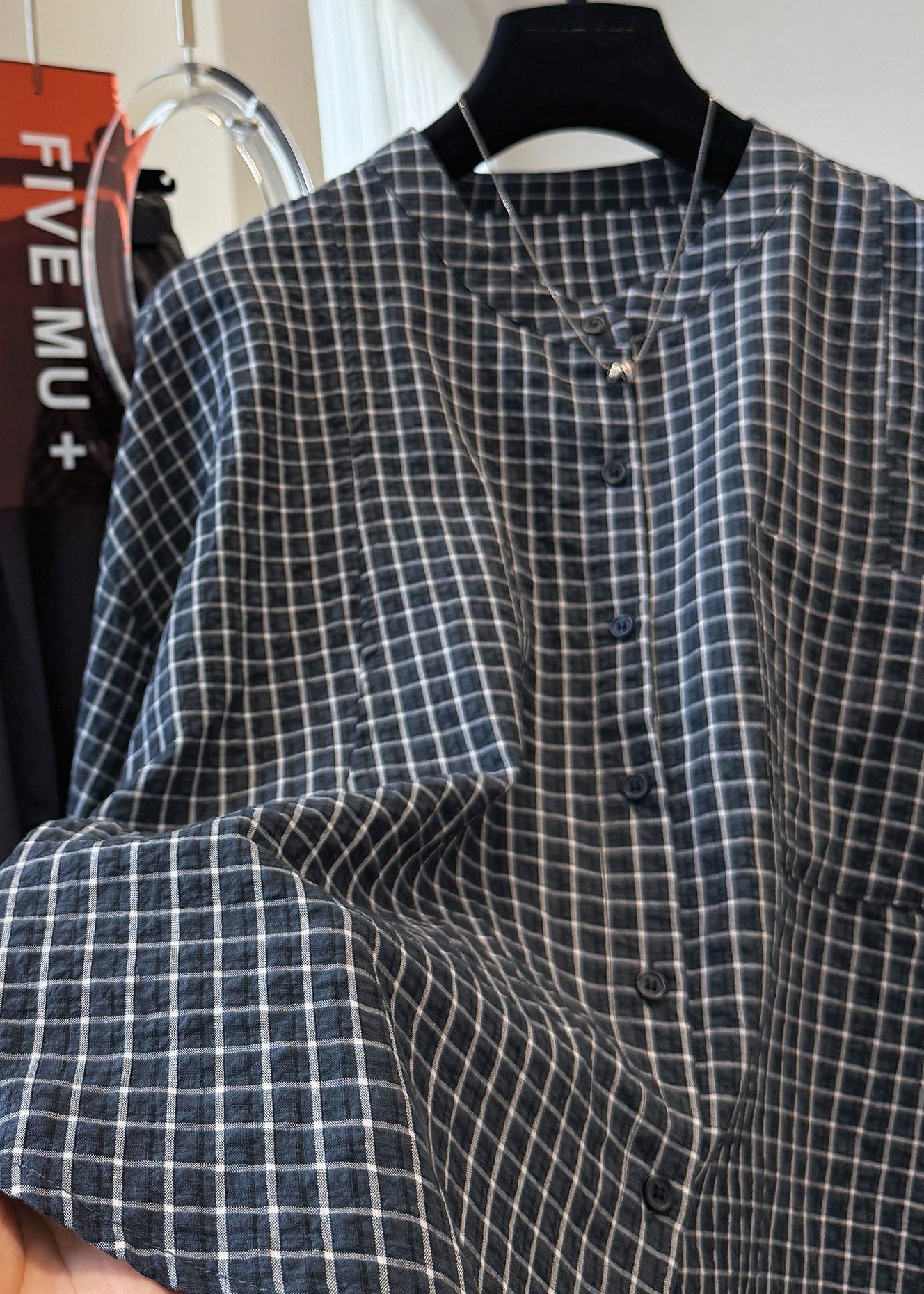 Black Stand Fall Casual Plaid Collar Cotton Pockets Top Shirt