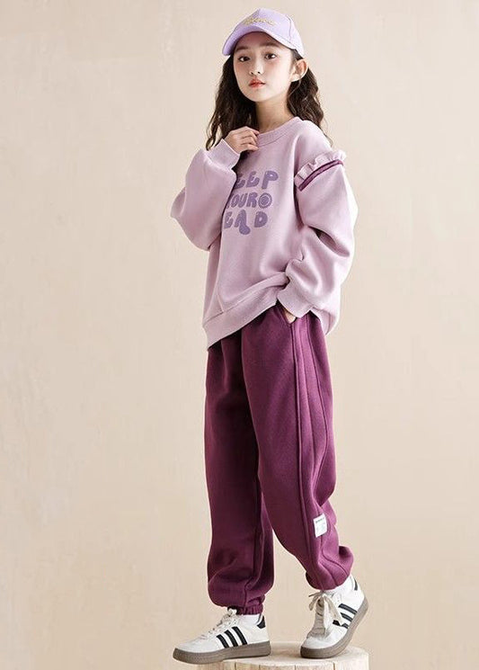 Casual Purple Ruffled Patchwork Kids Warm Fleece Sweatshirt And Beam Pants Two Piece Set Spring TR010