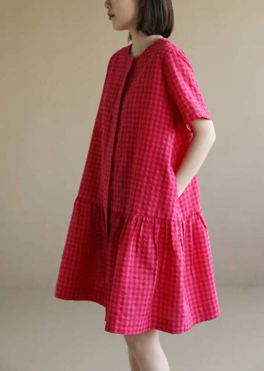 Red Dresses Mid Summer Plaid Cotton O Casual Neck