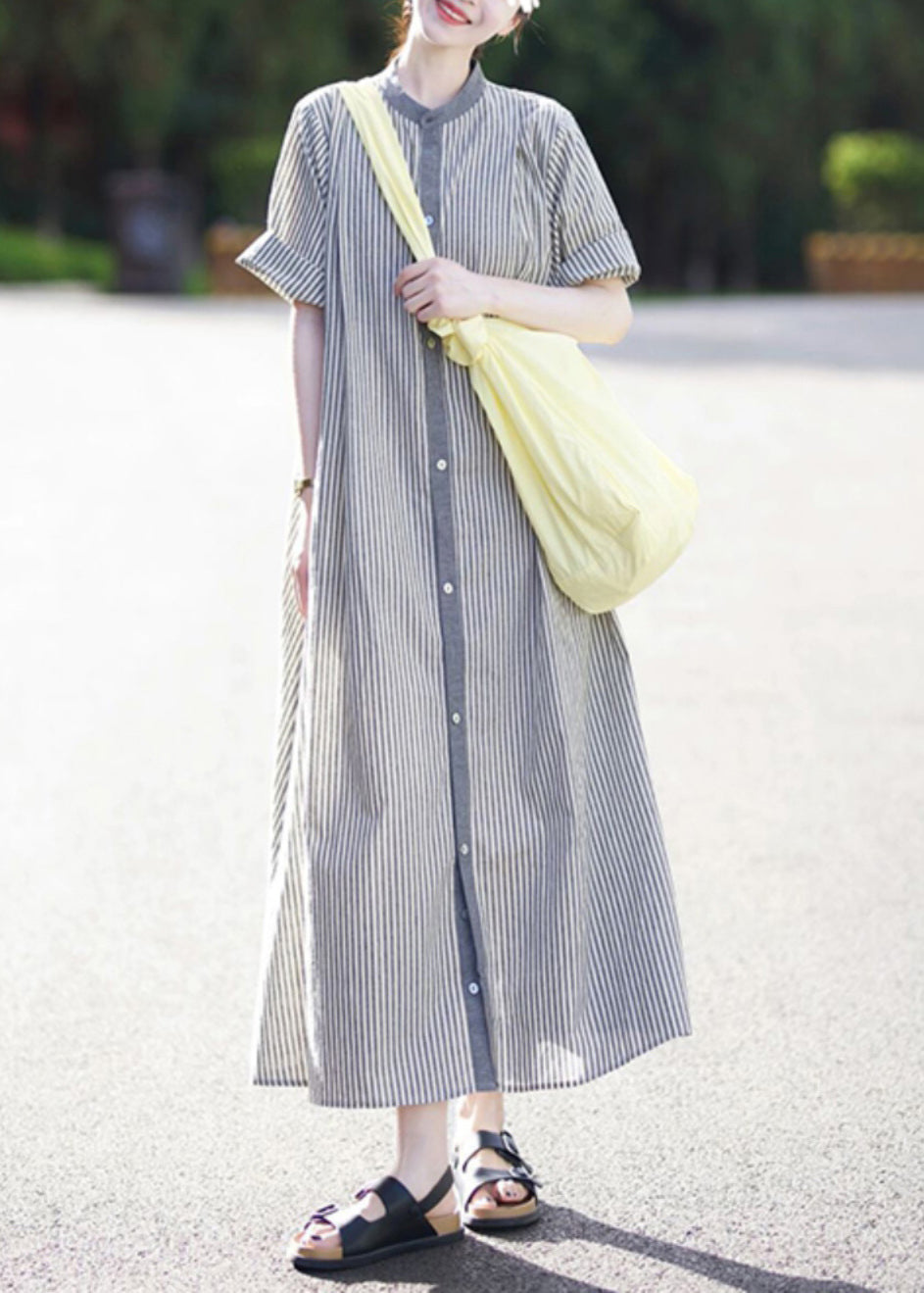 Stand Collar Button Cotton Shirts Striped Casual Dress Summer