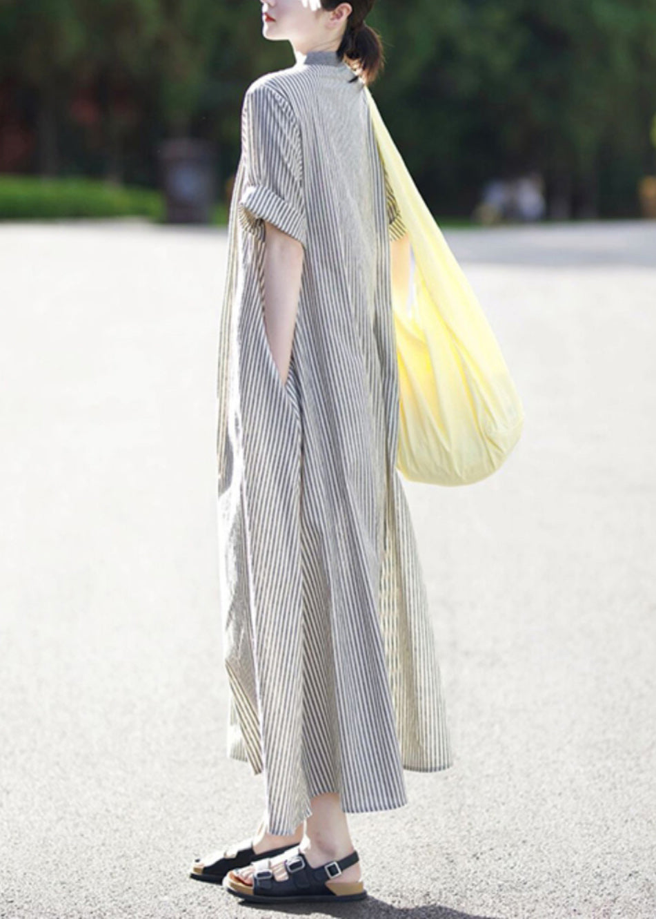 Stand Collar Button Cotton Shirts Striped Casual Dress Summer