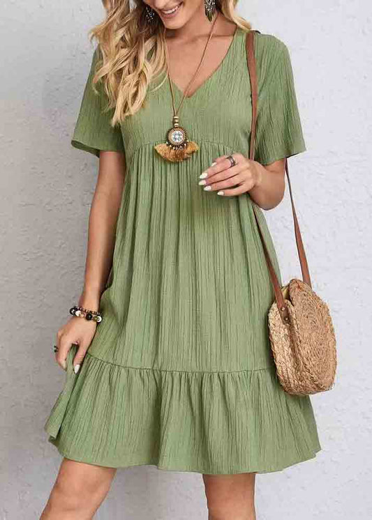V Army Green Cotton Chic Patchwork Neck Day Dress Summer