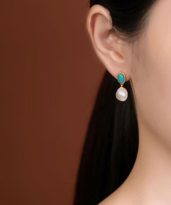 Sterling Drop Overgild Blue Silver Earrings Turquoise Pearl Chic