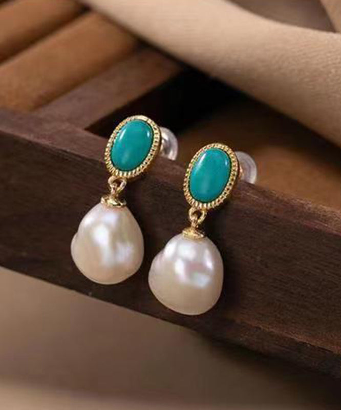 Sterling Drop Overgild Blue Silver Earrings Turquoise Pearl Chic