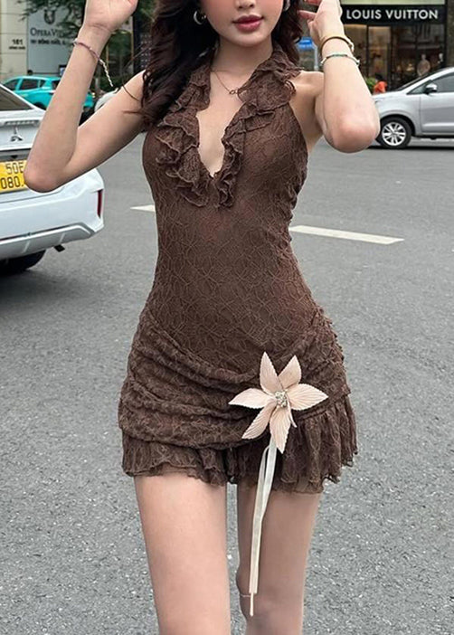 Sleeveless Chic Ruffled Halter Dress Brown Lace Patchwork