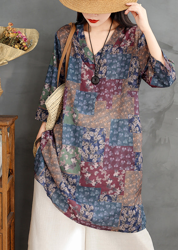 Chic Colorblock V Neck Print Linen Mini Dress Summer TM022