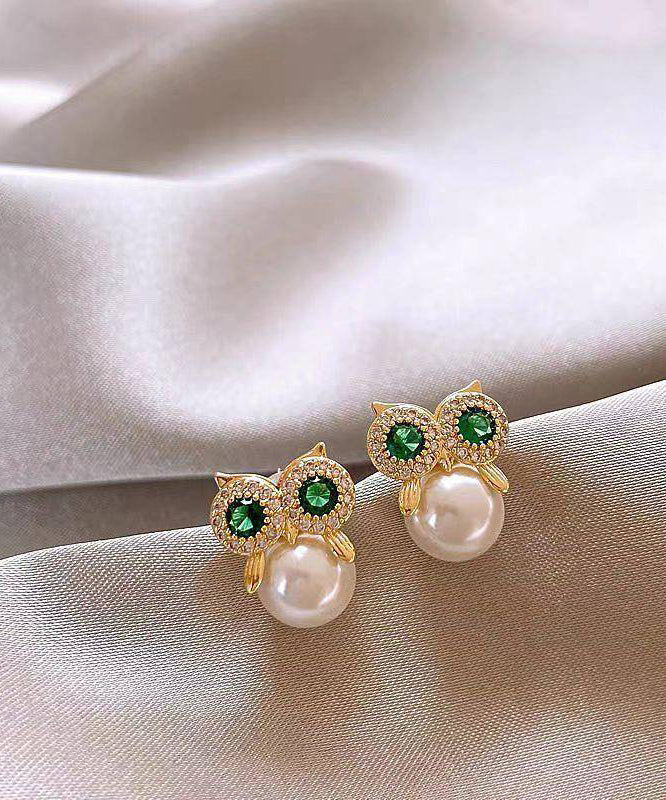 Owl Stud Zircon Pearl Copper Gold Earrings Chic Alloy