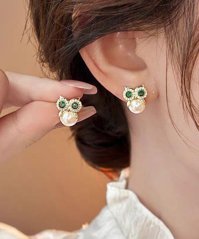Owl Stud Zircon Pearl Copper Gold Earrings Chic Alloy