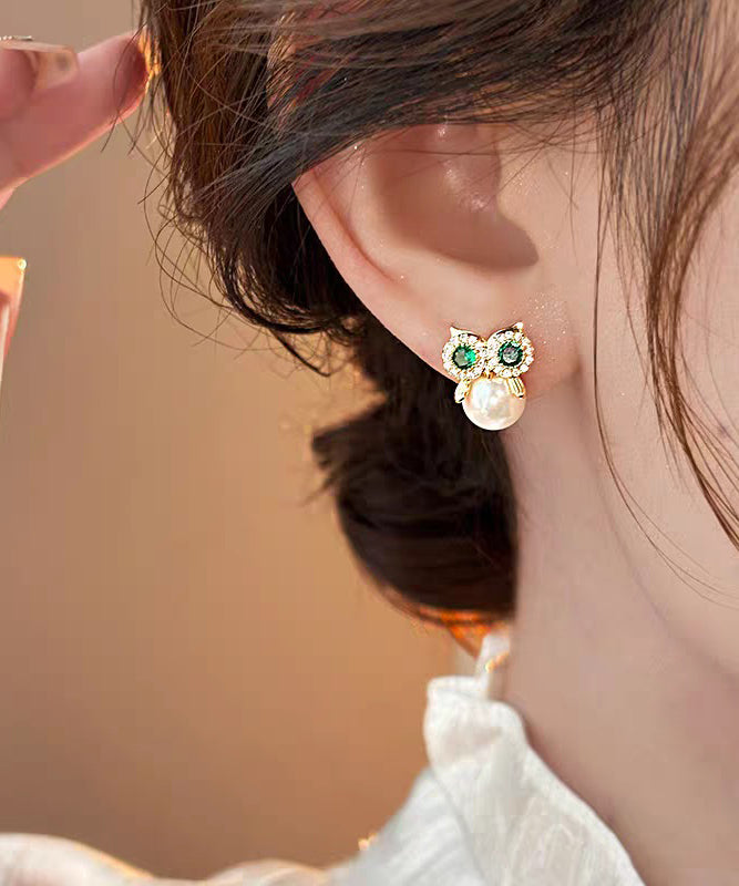 Owl Stud Zircon Pearl Copper Gold Earrings Chic Alloy