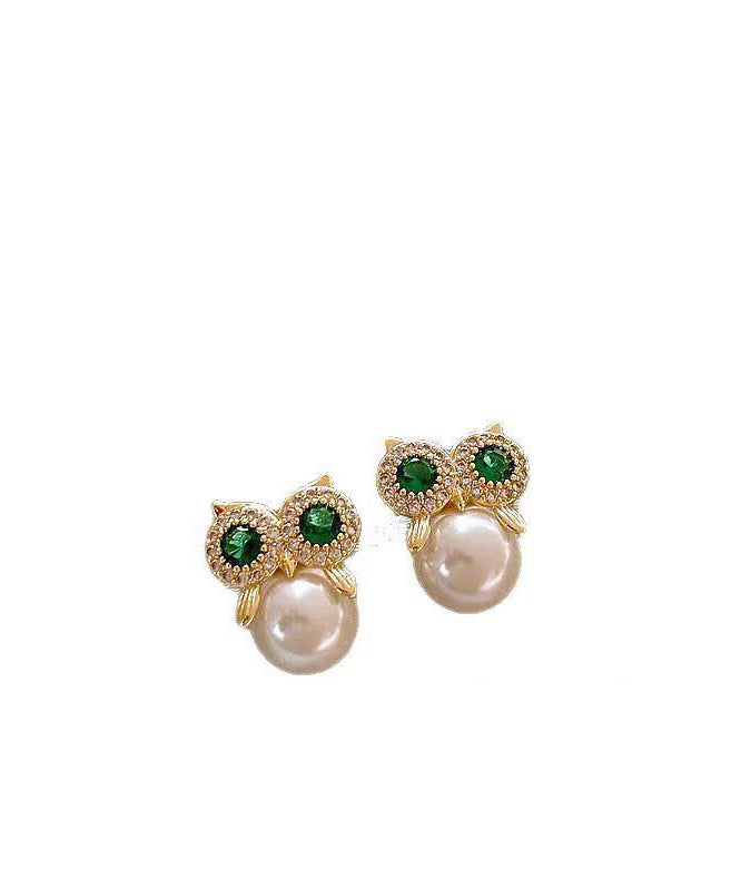 Owl Stud Zircon Pearl Copper Gold Earrings Chic Alloy