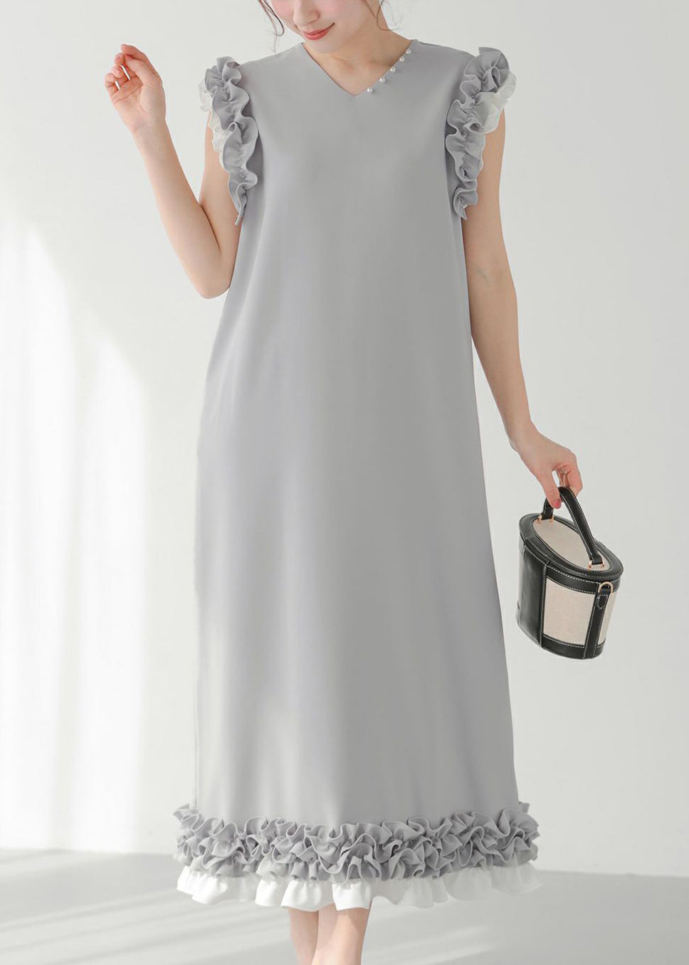 Chic Ruffled Pearl Decorated Dress Straight Grey Patchwork