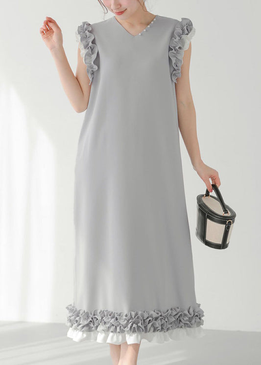 Chic Ruffled Pearl Decorated Dress Straight Grey Patchwork