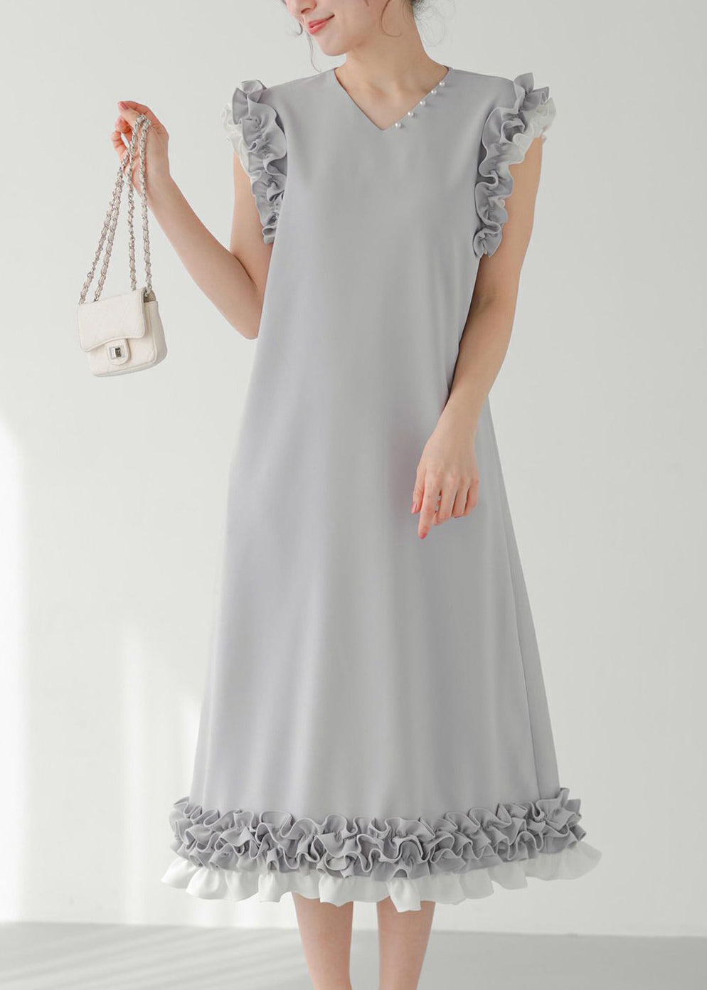 Chic Ruffled Pearl Decorated Dress Straight Grey Patchwork