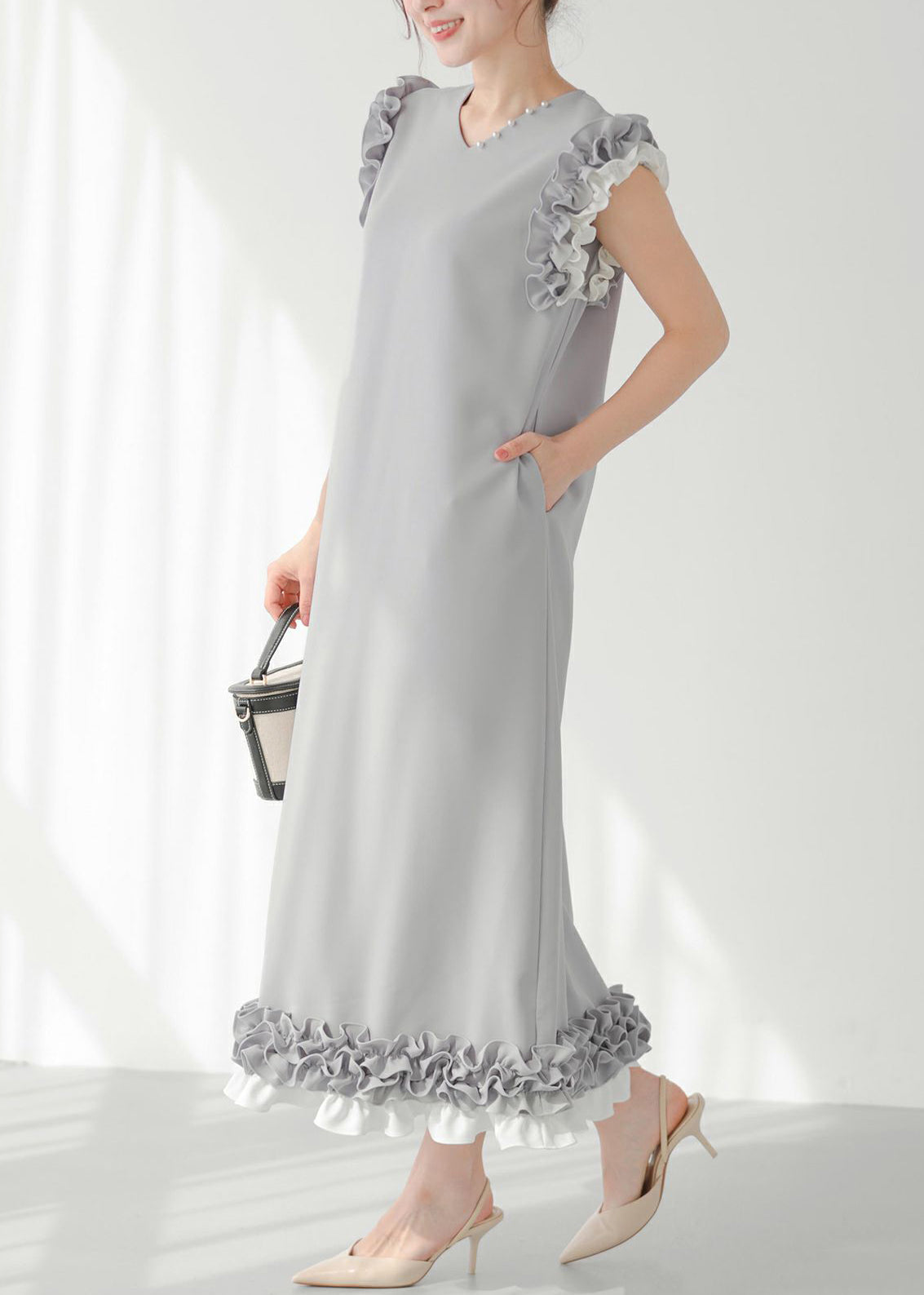 Chic Ruffled Pearl Decorated Dress Straight Grey Patchwork