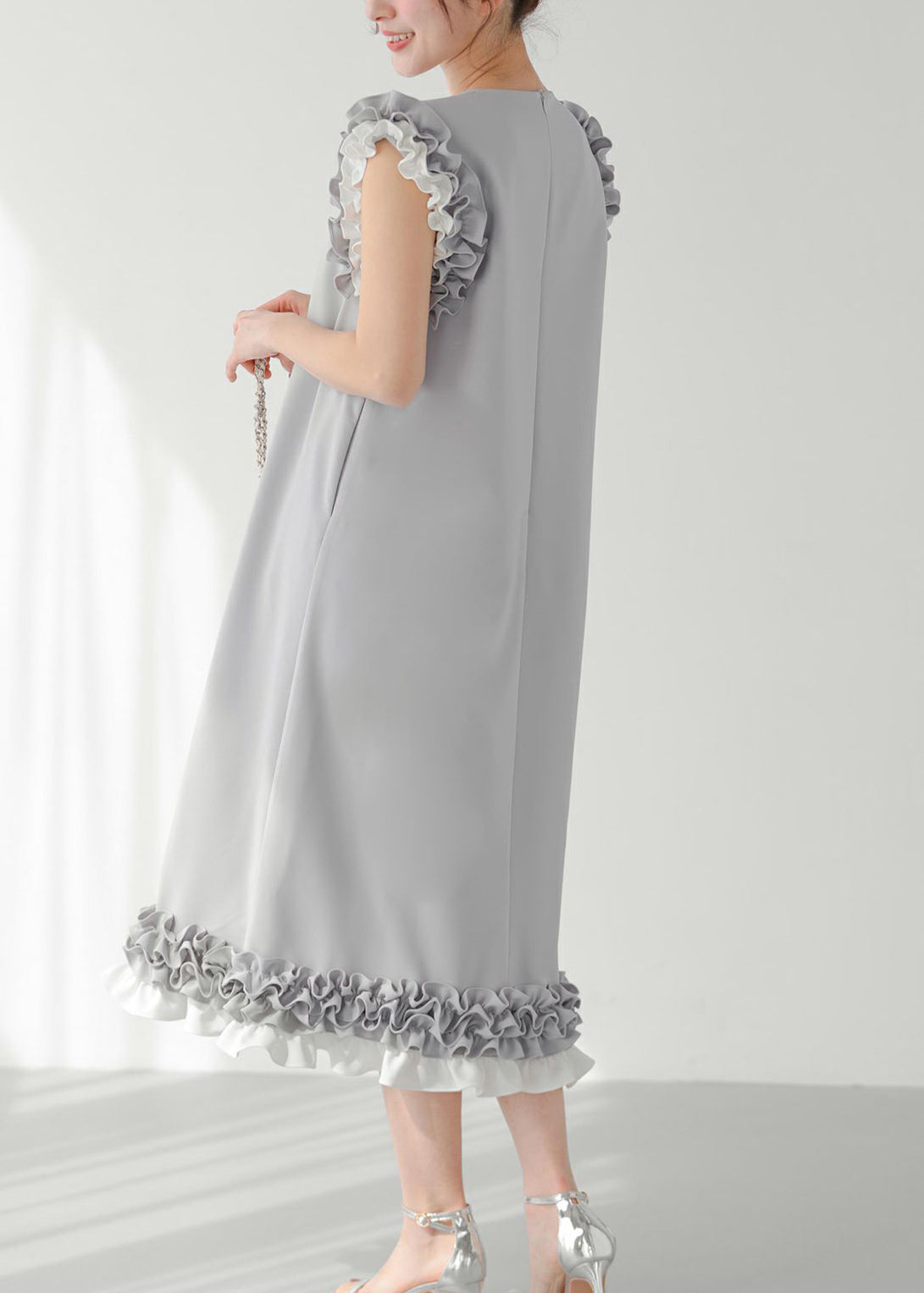 Chic Ruffled Pearl Decorated Dress Straight Grey Patchwork