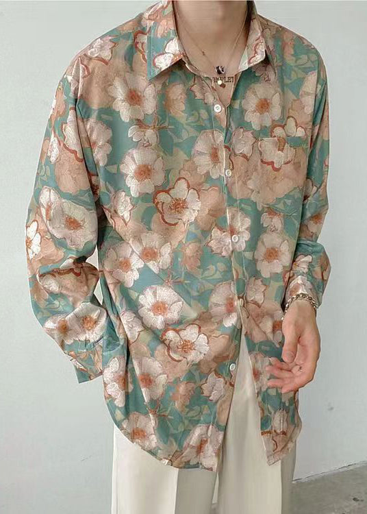 Schickes Langarmhemd aus Eisseide mit Peter-Pan-Kragen-Print für Herren HG028