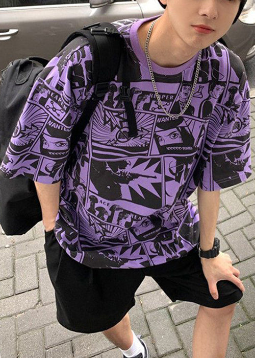 Print Chic Men Shirts Cotton Neck T Purple Summer O