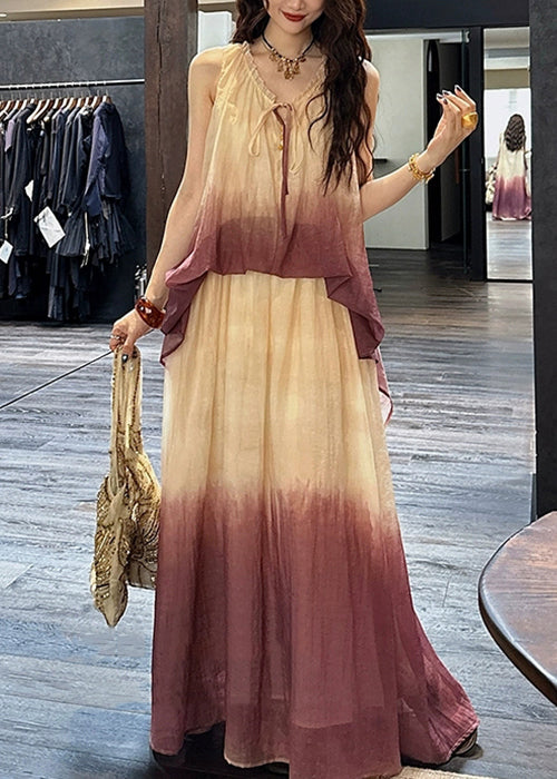 Silk Linen Purple Chic Two V Dress Pieces Ruffled False Neck