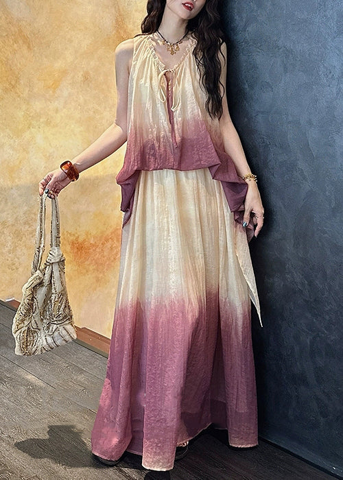 Silk Linen Purple Chic Two V Dress Pieces Ruffled False Neck