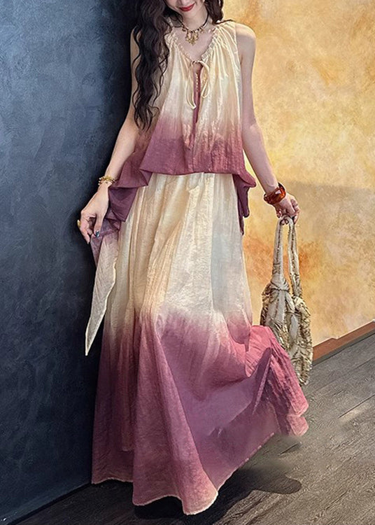 Silk Linen Purple Chic Two V Dress Pieces Ruffled False Neck