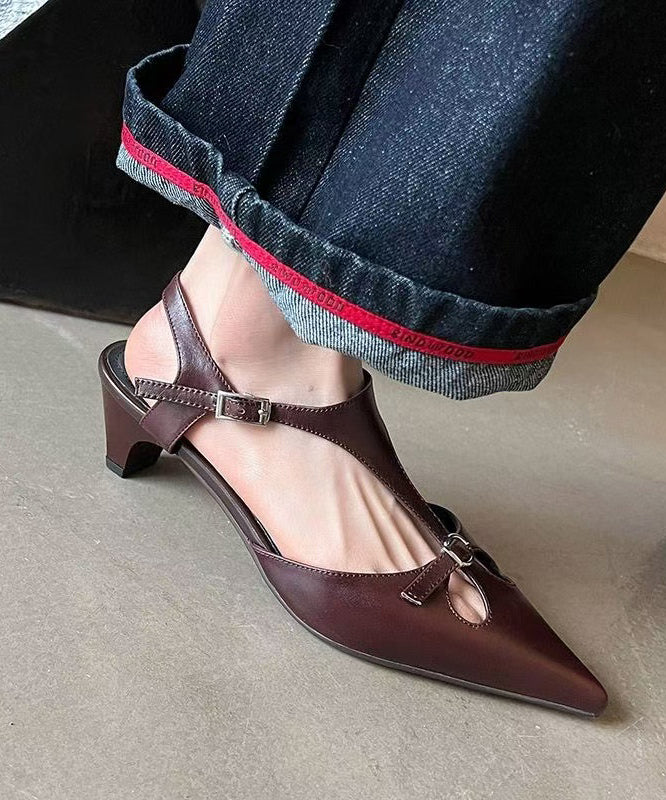 Hollow Chunky Splicing Out Brown Cowhide Sandals Leather Chic