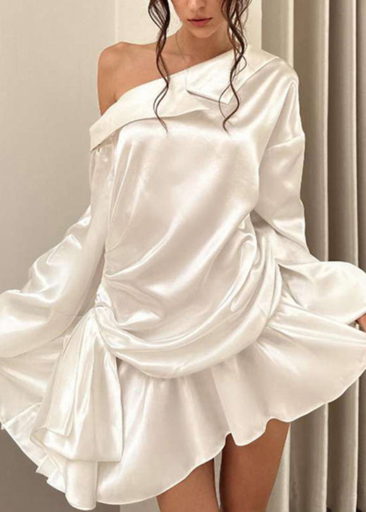 White Mid Fall Shoulder Dress Cold Chic Silk Wrinkled