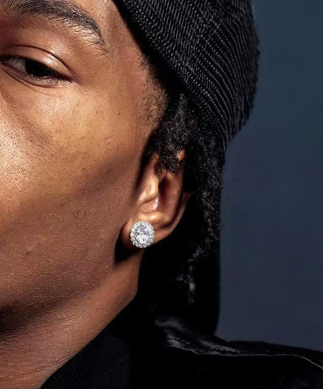 Silver Men Stud Sterling Chic Earrings Zircon White