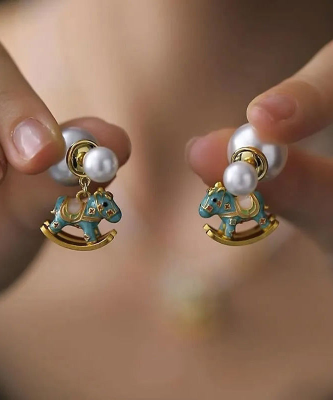 Chinese Blue Copper Foal Style Overgild Stud Earrings Pearl