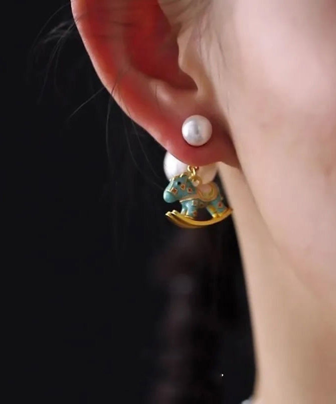Chinese Blue Copper Foal Style Overgild Stud Earrings Pearl
